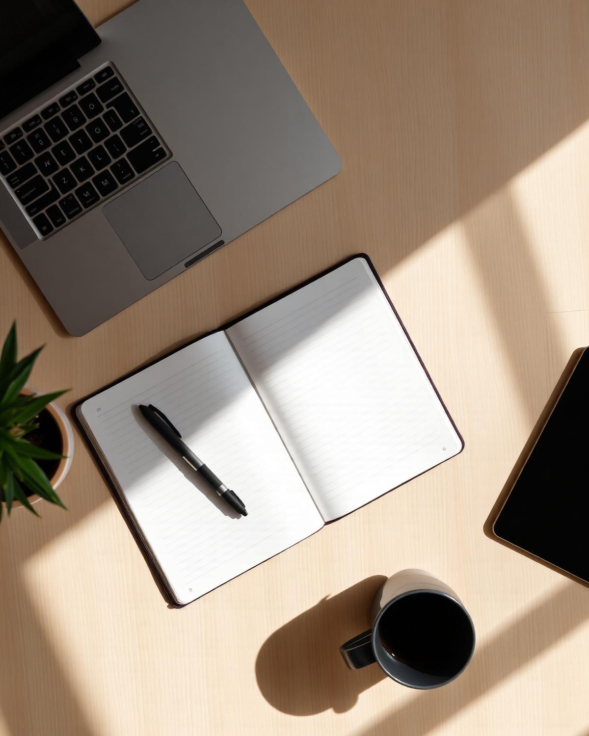 Overhead of a workspace with a notebook, pen, and laptop