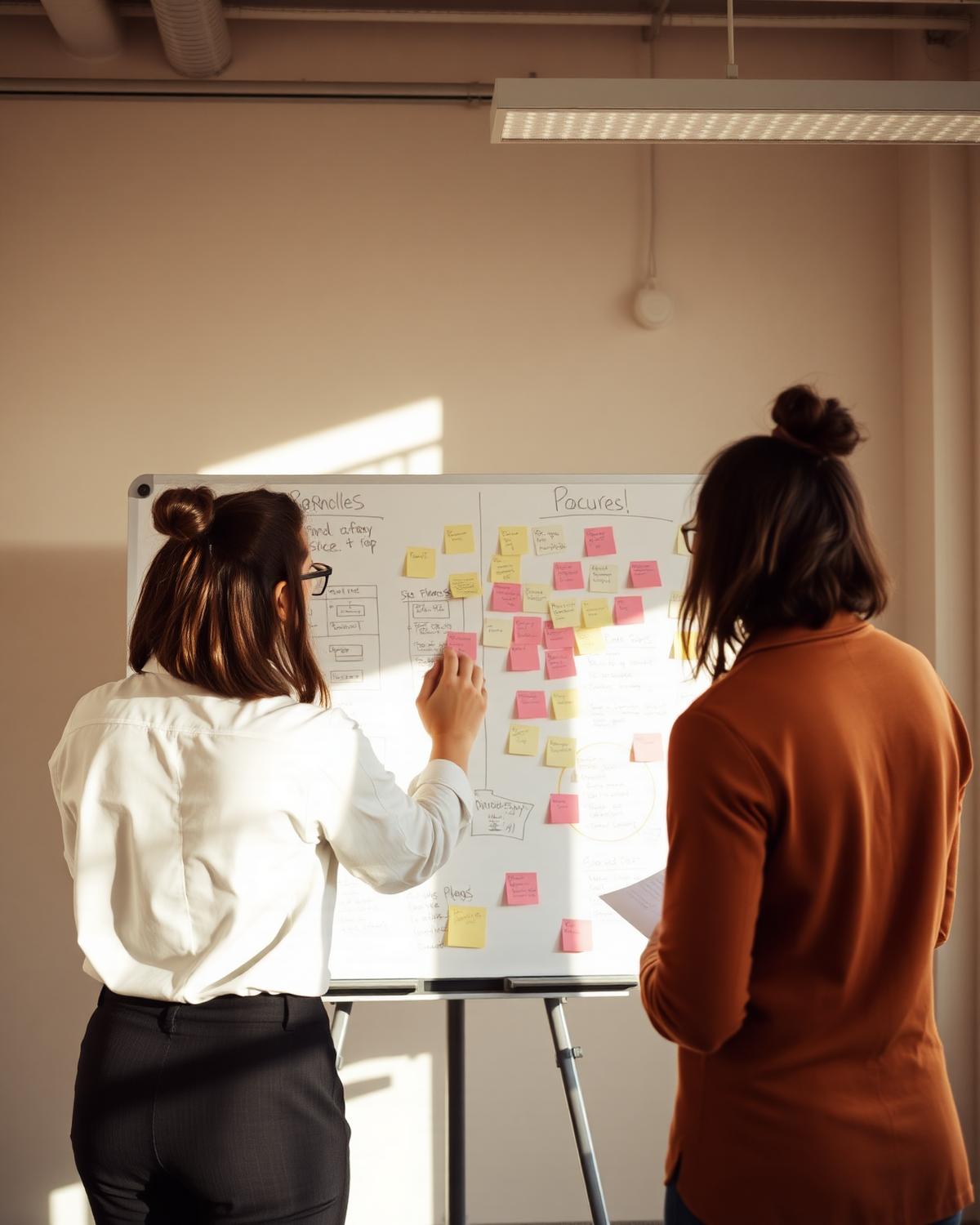 Two consultants mapping strategy on a whiteboard