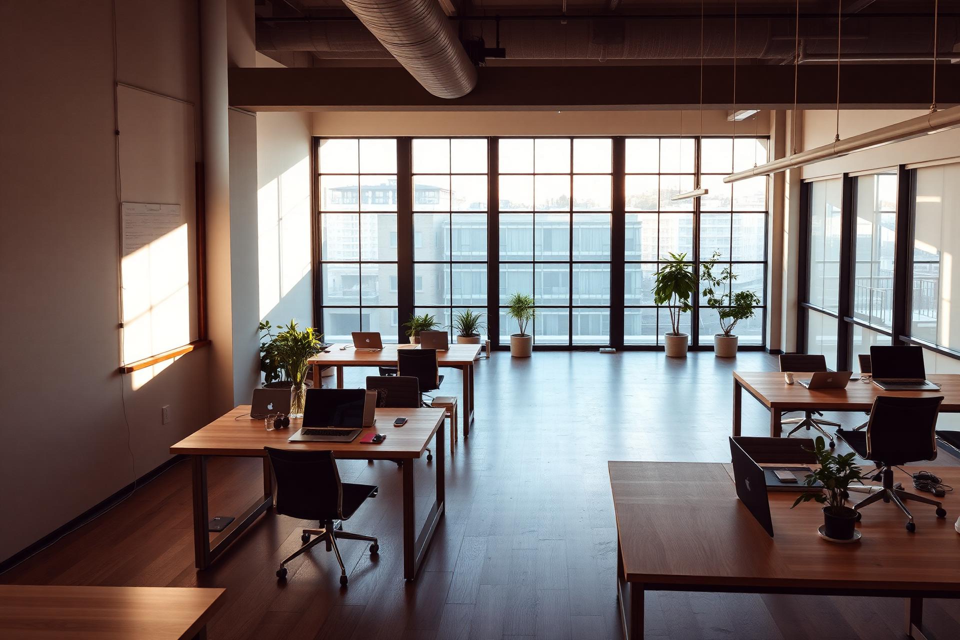 Modern coworking space with warm daylight